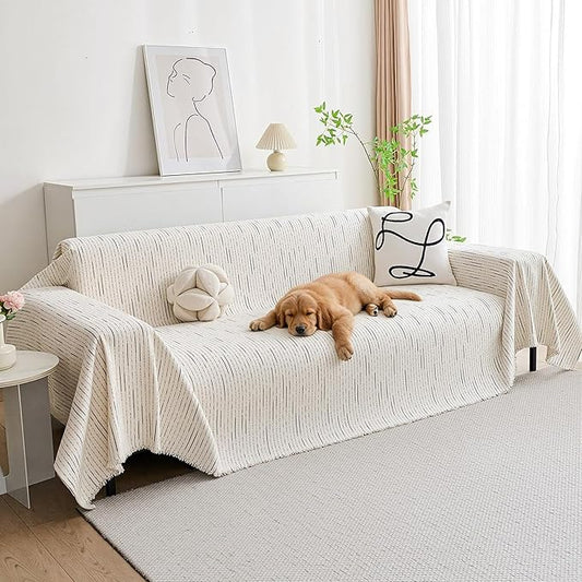 MYSKY HOME Couch Cover for Dogs, Sectional Couch Cover, Beige Lines Sofa Covers for Sectional Sofa L Shape Chenille Couch Protector for Dogs Pets Couch Covers Washable Soft Throw, 91"X134"