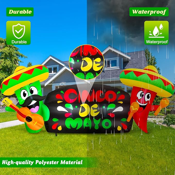 8FT Long Cinco de Mayo Inflatable Outdoor Decoration Blow Up Cactus Holding Guitar and Chili Holding Makara with Taco Sombrero, May 5 Mexican Fiesta Decor Built-in LEDs for Yard, Party, Holiday
