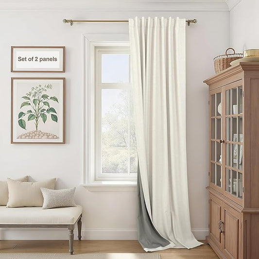 Pitalk Extra Wide Curtains 60 Inches Wide for Living Room 84 Inch Length 2 Panels Thick Back Tab Pleated Cream Linen Blackout Dark Out Sliding Door Window Curtains Thermal Privacy Drapes 60x84 Long
