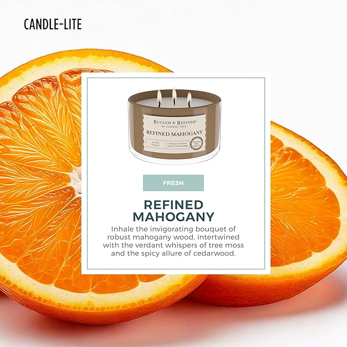 Candle-Lite Scented Candles for Men, Refined Mahogany Fragrance, 16.25 oz Jar, 3-Wick, 51 Hours of Burn Time, Masculine Aromatherapy with Long Lasting Scent, Ideal Gift for Father's Day and Home Decor