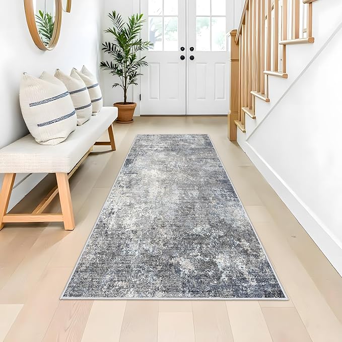 3x6 Washable Kitchen Runner Rug - Non Slip Stain Resistant Low-Pile Thin Wide Carpet Runners for Entryway Hallway Bathroom Bedside,Modern Neutral Abstract(Blue Grey,3x6)