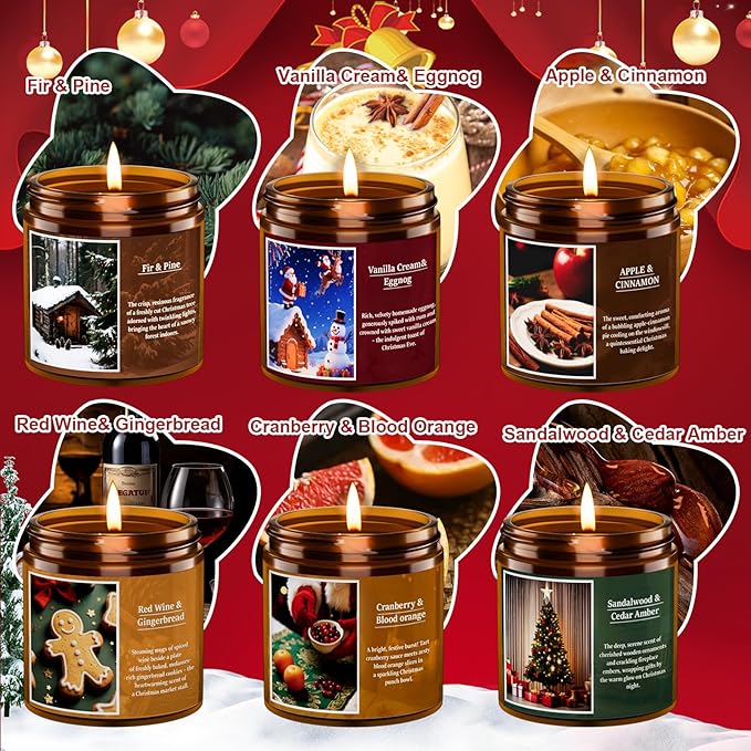 Christmas Candle Set, 6 Pack Candles for Home Scented, Aromatherapy Jar Candle Gifts for Women, Natural Soy Wax Long Lasting Glass Candle Set, Scented Candles for Christmas, Birthday, Thanksgiving Day