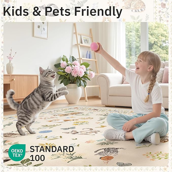 Soalmost 2x3 Cat Rugs for Entryway, Machine Washable Door Mat Animal Floral Small Area Rug Non-Slip Low Pile Soft Throw Rugs for Entrance Kitchen Indoor Front Door Kids Room (2 x 3,Beige)