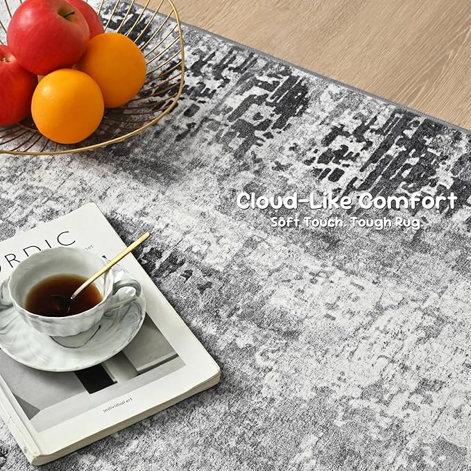 3x10 Grey Rug Runners for Hallways Kitchen Runner Rug Non Slip Washable Black Long Runner Rugs with Rubber Backing Soft Abstract Carpet Runner for Bedroom, Kitchen, Bathroom, Entryway