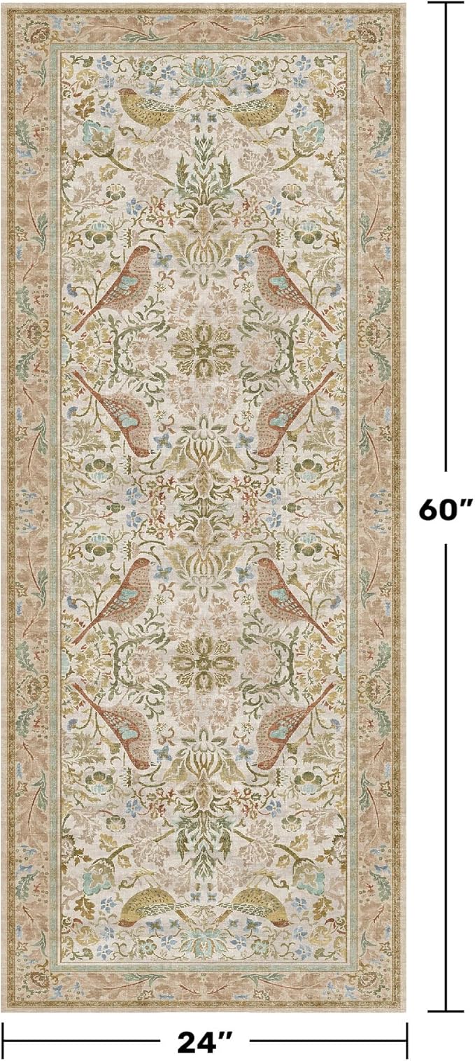Hazo Haus Boho Bathroom Runner Rug 2x5 - Floral & Bird Runner Rug for Kitchen Floor, Hallway, Laundry Room, Bedroom, Entrance, Beige Neutral Vintage Decor, Washable Non Slip Low Pile