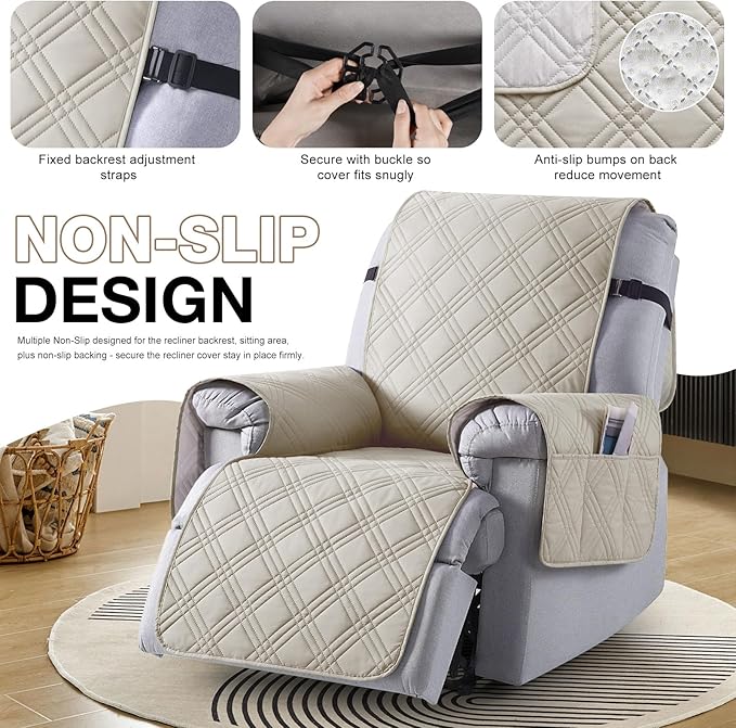 TAOCOCO 100% Waterproof Recliner Chair Covers, Non Slip Recliner Covers for Recliner Chair with Pocket, Washable Reclining Chair Cover Furniture Protector for Kids,Dogs(22'', Cream)