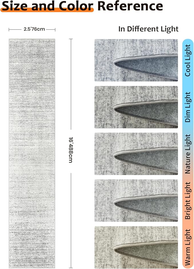 Art&Tuft Non-Slip Runner Rug - 2'6"x16' Runner Rug Washable Low-Pile Rugs Runners, Soft Distressed Carpet Runner for Bedroom Bathroom Kitchen Laundry Living Room, Grey