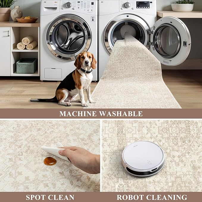 2x3 Washable Non-Slip Area Rug - Soft Low Pile Throw Rug for Kitchen Entryway Bedroom - Vintage Distressed Indoor Door Mat with Rubber Backing (Ivory Beige)