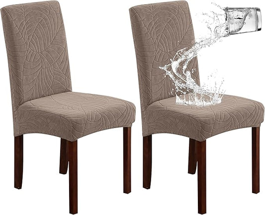 Genina Waterproof Chair Covers for Dining Room, Stretch Jacquard Dining Chair Slipcovers Removable Washable Chair Protector for Kitchen, Hotel, Restaurant (Leaves-Taupe, 2 PCS)