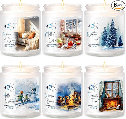 Winter Candle Set | 6 Pack Christmas Scented Candles for Home - Holiday Soy Candle Gift Set for Women Men, Aromatherapy Candles Scents of Hello Winter/Forest/Cider/Warm/Fireside/Bonfire