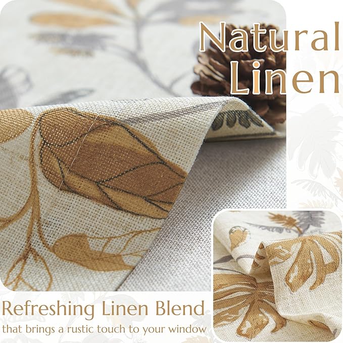 jinchan Linen Valance Double Layer Kitchen Window Curtain Yellow Leaf on Beige Valance for Living Room Cafe Farmhouse Light Filtering Rustic French Country Curtain 18 Inch Rod Pocket 1 Panel