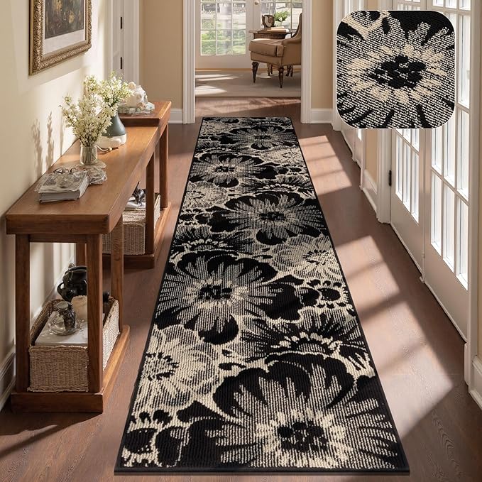 Findosom Hallway Runner Rug 2x10, Non Slip High-Low Textured Floral Washable Runner Rug with Rubber Backing, Boho Carpet Runner for Kitchen, Entryway, Bedroom, Laundry, Black & Beige
