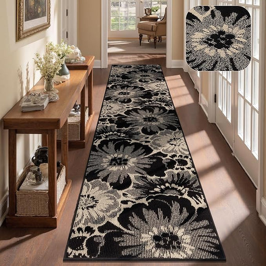 Findosom Hallway Runner Rug 2x10, Non Slip High-Low Textured Floral Washable Runner Rug with Rubber Backing, Boho Carpet Runner for Kitchen, Entryway, Bedroom, Laundry, Black & Beige