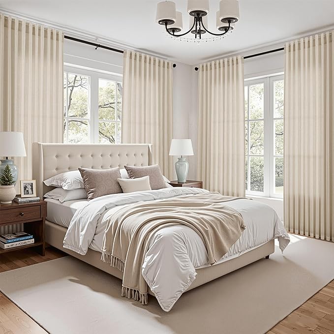Nanspring Cream Beige Curtains 90 Inches Long for Living Room Linen Light Filtering Semi Sheer Curtain Back Tab Rod Pocket Modern Farmhouse Decor Elegant Coastal Drapes for Bedroom 52x90, 2 Panels