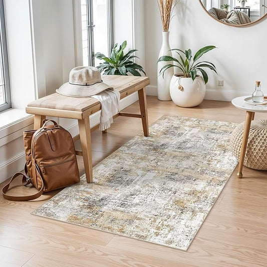 2x4 Modern Entryway Area Rug - Machine Washable Non-Skid Low Pile Indoor Mat for Bathroom,Living Room, Bedroom - Abstract Neutral Small Throw Soft Carpet with Rubber Backing (Gold Grey)