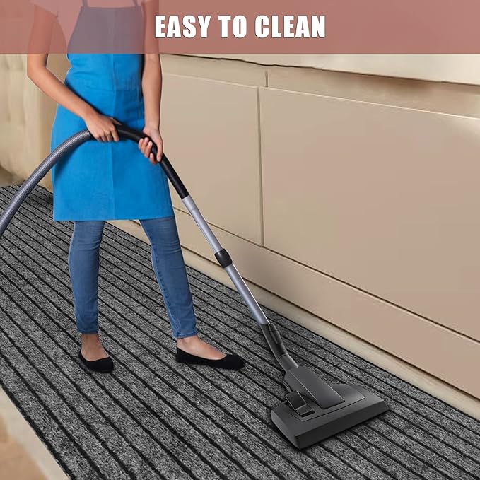 Runner Rug 2 ft x 25 ft Indoor/Outdoor Low Profile, Hallway, Kitchen, Patio, Deck Area, RV, Entryway, Garage, with Non-Slip Rubber Backing, Gray with Black Stripe, Custom