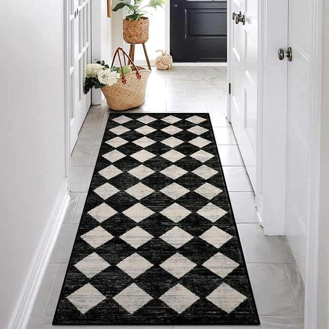 Lahome Zelie Moroccan Trellis Runner Rug - 2x6 Washable Black Bathroom Runner Rug Laundry Room Carpet Runners, Modern Soft Non Slip Indoor Floor Accent Mat for Bedside Kitchen Hall Bar Entryway RV