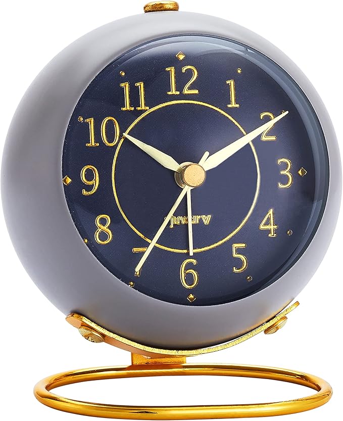 Metal Desk Alarm Clock, Retro Bedroom Table Vintage Analog Alarm Clock, Silent Non-Ticking Gold Clock, Bedside D??cor(Sinor Gray)