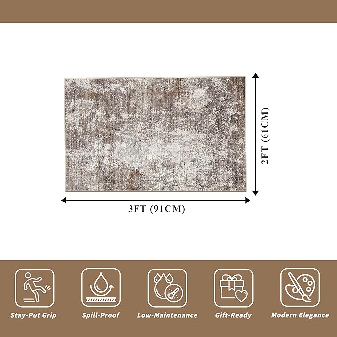 2x3 Washable Non-Slip Area Rug – Small Throw Rug for Kitchen, Entryway, Bedroom, Bathroom – Modern Abstract Neutral Soft Low Pile Thin Indoor Door Mat (Brown Beige,2x3)