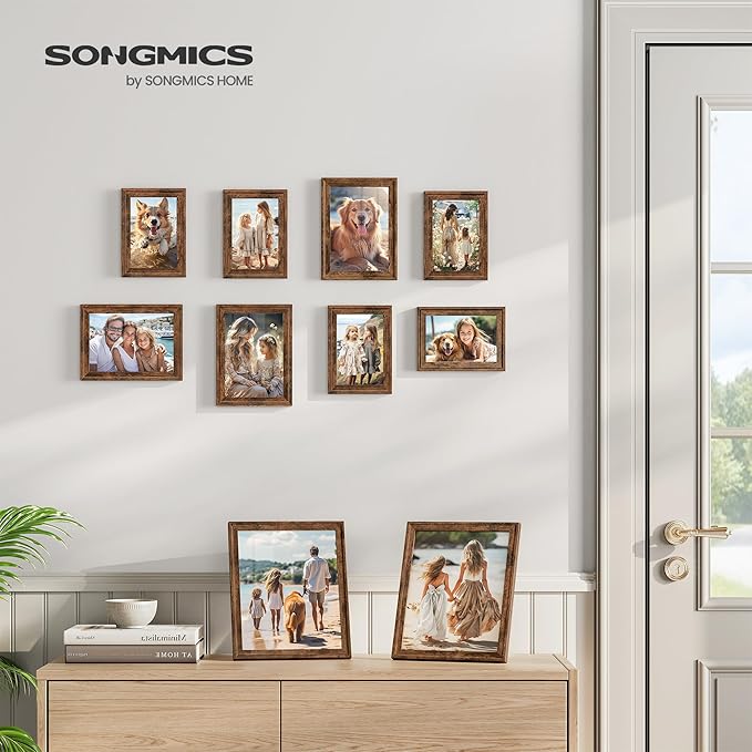 SONGMICS Picture Frames with 16 Mats, Set of 10 Collage Photo Frames, Two 8x10, Four 5x7, Four 4x6 Frames, Hanging or Table Display, Glass, 12 Non-Trace Nails, Rustic Brown URPF049X01