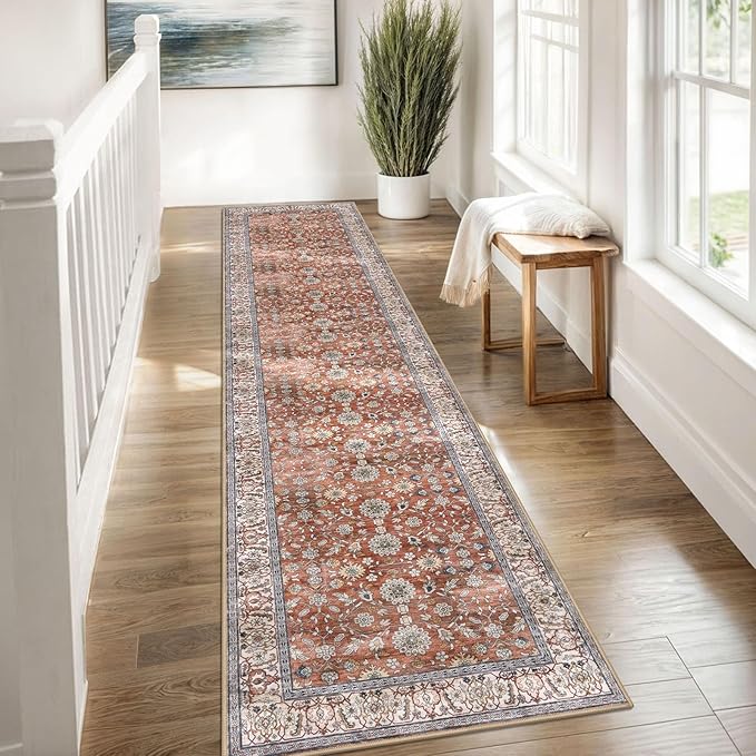 KUTA Vintage Washable Runner Rug, 2x8 Red Clay Runners for Hallways Non-Slip Kitchen Rugs Ultra Thin Soft Printed Distressed Oriental Floral Floor Carpet for Laundry Bedroom Living Room Nursery