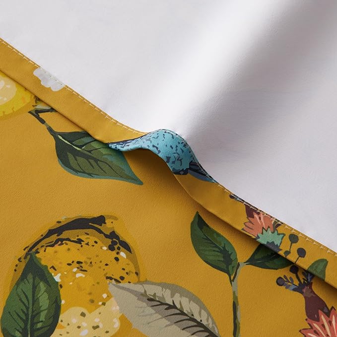 Topfinel 54 Inches Long Short Mustard Yellow Blackout Curtains for Cafe Kitchen, Grommet Room Darkening Luxury Floral Lemon Hummingbird Patterned Waverly Colorful Drapes for Living Room Bedroom