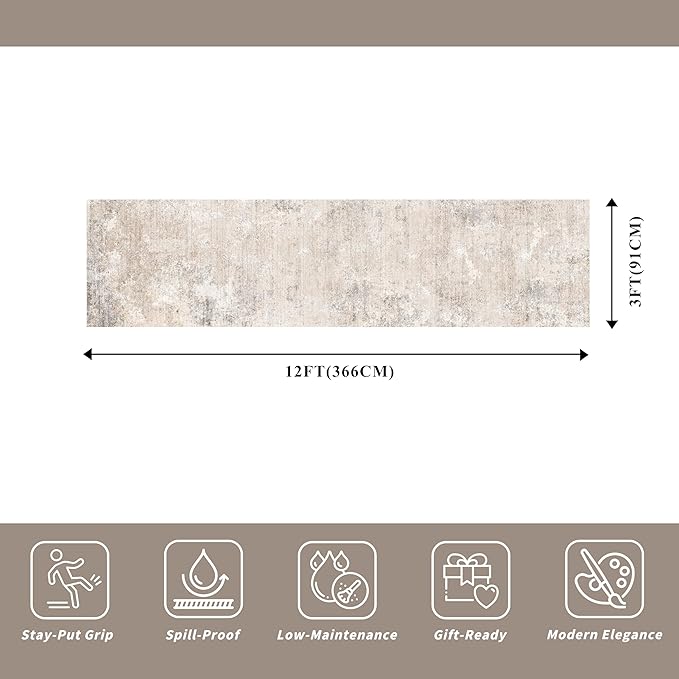 3x12 ft Washable Hallway Runner Rug - Long Non Slip Low Pile Thin Carpet Runners, Modern Abstract Neutral, Stain Resistant for Kitchen, Entryway, Bathroom（Beige Grey,3x12）