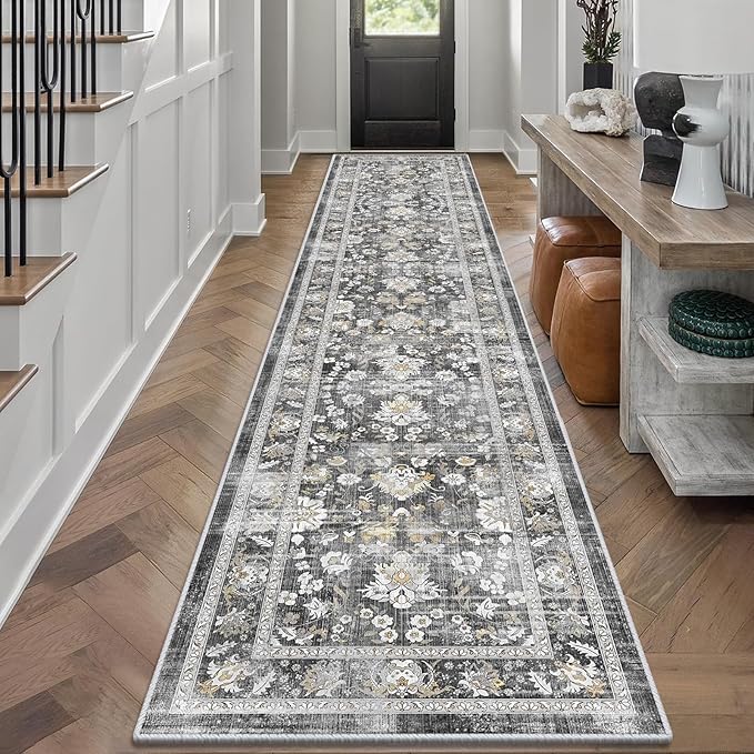 LOKHOM Washable Runner Rug, 2x10 Non-Slip Vintage Farmhouse Hallway Runner Rug with Rubber Backing, Boho Soft Faux Wool Kitchen Rug Carpet Runner for Kitchen Laundry Entryway Bedroom (Charcoal Grey)