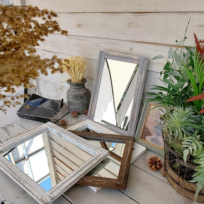 AAZZKANG Wood Framed Mirror Rectangular Rustic Wall Mirrors Decorative Small for Farmhouse Bathroom Living Room Bedroom Grey