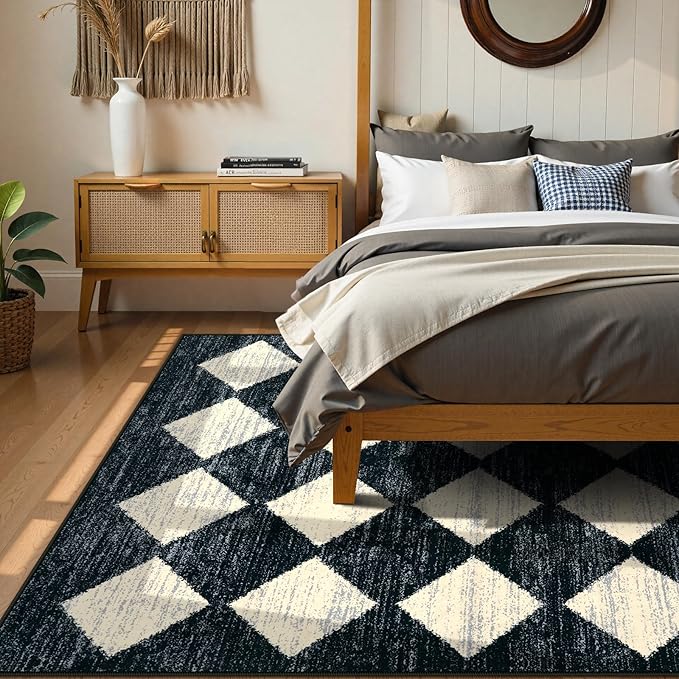 Lahome Zelie Checkered Washable 8 x 10 Area Rugs for Living Room, Black Bedroom Rug 8x10 Under Bed, Geometric Trellis Soft Ultra-Thin Indoor Carpet for Dining Room Dorm Kids Playroom (8'x10',Black)
