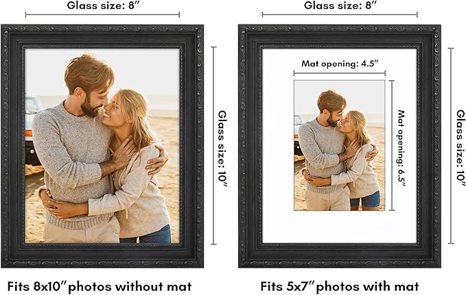 Americanflat 8x10 Picture Frame with Shatter-Resistant Glass - Use as 5x7 Frame with Mat or Display 8x10 Photo Without Mat - Ornate Picture Frames for Wall and Tabletop Display - Black