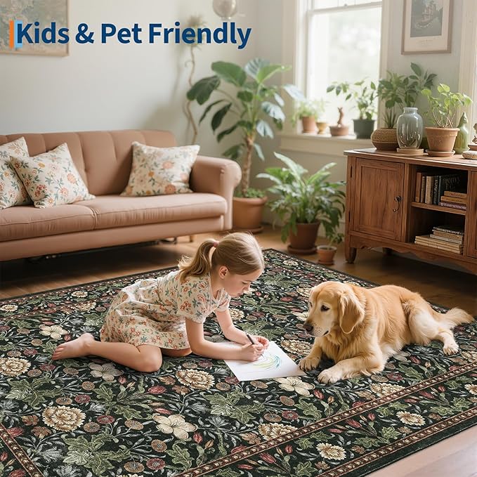 GarveeHome Large Area Rugs 9x12 for Living Room, Forest Green Floral Washable Rug Soft Non Slip Floor Mat Carpet Indoor Thin Accent Rug for Bedroom Dining Room Playroom Nursery Home Decor