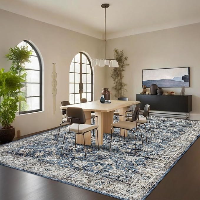 GarveeHome Extra Large Area Rug 10x13 Washable Bedroom Rug Non Slip Foldable Vintage Floral Print Throw Rug Thin Ultra Soft Distressed Carpet for Living Room Home Nursery, Blue