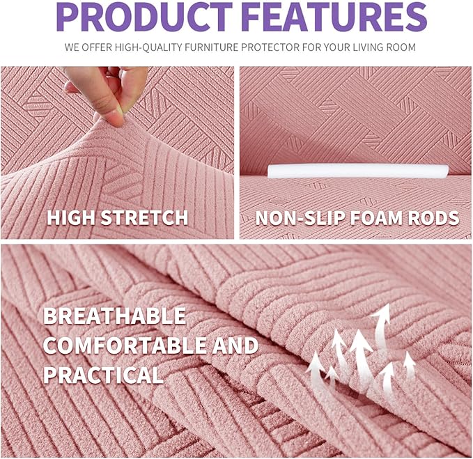 ZNSAYOTX Super Stretch Sofa Cover (72"-92"), New Striped Sofa Covers Fitted Slipcovers with Elastic Bottom, Dog Cat Pets Proof Spandex Washable Fabric Comfortable & Durable (Rose, Sofa)