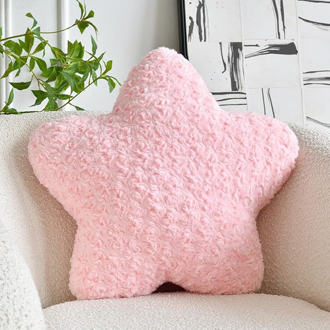 Star Pillow, 19.7" Star Shaped Plush Pillow for Couch Bed Sofa, Cute Decorative Throw Pillows with Soft Faux Fur Room Decor for Bedroom Living Room (Pink)