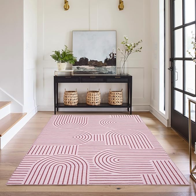 ROYHOME Washable Rug 5x7 Area Rugs for Living Room, Abstract Rug for Bedroom, Soft Rainbow Non Slip Throw Rugs with Rubber Back, Low Pile Stain Resistant Boho Geometric Carpet for Dining Room, Pink