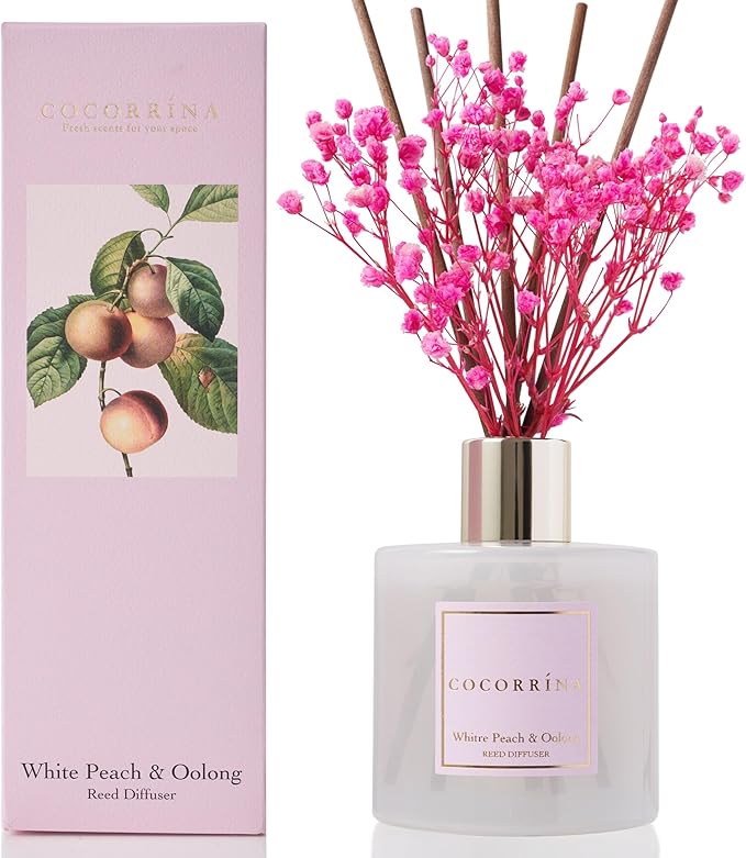 Cocorr??na Reed Diffuser Sets - 6.7 oz. White Peach& Oolong Scented Diffuser with 8 Sticks Home Fragrance Reed Diffuser for Bathroom Shelf Decor