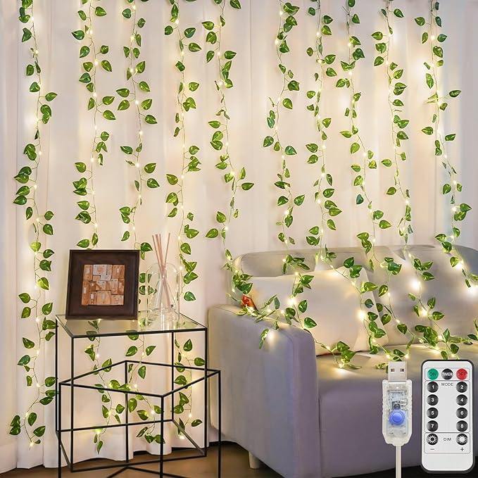 suddus Vines with Lights for Bedroom, 150 LED Fairy Lights with Vines, Pothos Curtain Lights for Bedroom, Dorm, Wedding, Party, Wall, Indoor, Outdoor Decor, 6.5ft x 4.9ft