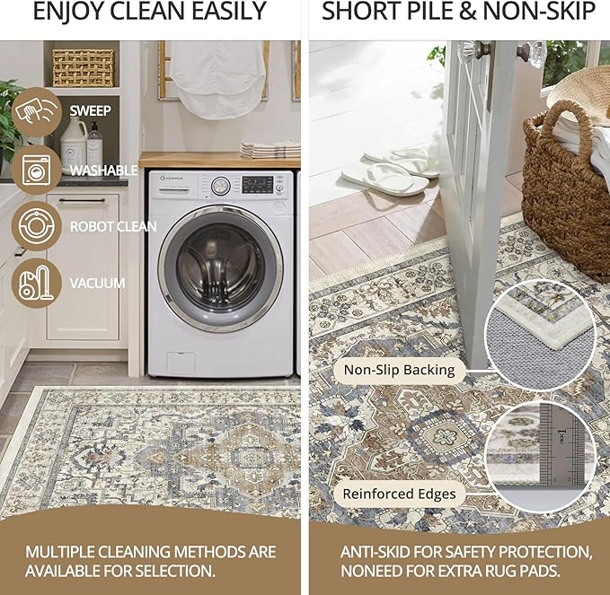 Beige 5x7 Washable Area Rug, Non-Slip Soft Ultra-Thin Polyester Carpet with Vintage Stain Resistant Indoor Rug for Living Room, Bedroom, Dining Room, Nursery Oeko-TEX - Beige/Blue