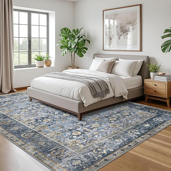 KUTA Vintage Floral 9x12 Area Rug, Blue Grey Beige Large Washable Rugs for Living Room Non Slip, Ultra Thin Soft Print Distressed Flower Low-Pile Traditional Carpet for Bedroom Dining Room Dorm Office
