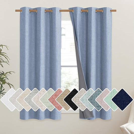 NICETOWN Stone Blue Vintage Linen 100% Blackout Curtains for Dining Room, Thermal Insulated Curtains 45" Long, Noise Reducing Window Treatment Drapes for Kitchen, 42" Wide Per Panel, Set of 2