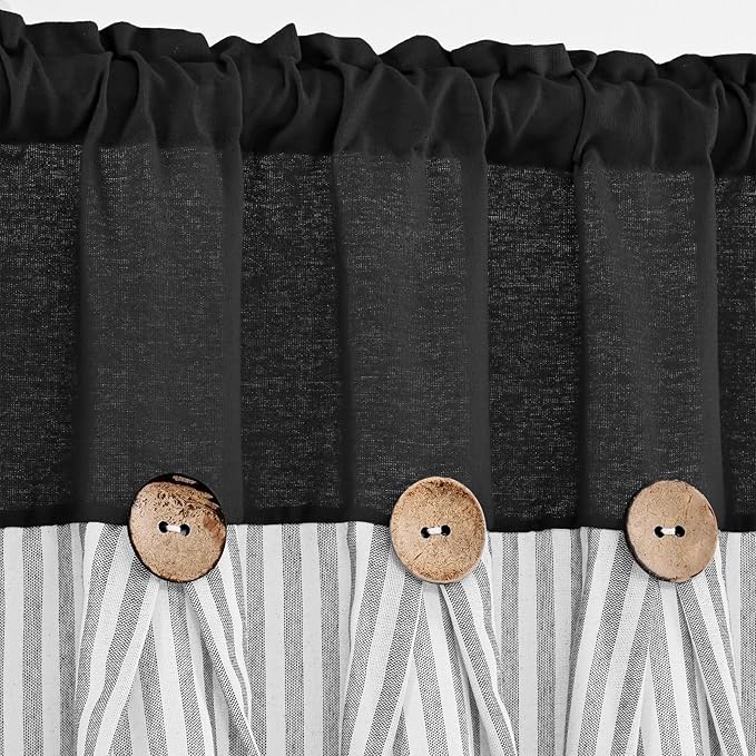 ASPMIZ Farmhouse Cotton Linen Swag Valances for Windows, Boho Kitchen Curtains Valances with Rustic Buttons, Black Striped Window Treatments Curtain Valance for Bathroom Cafe, 61 x 36 Inch, 1 Panel
