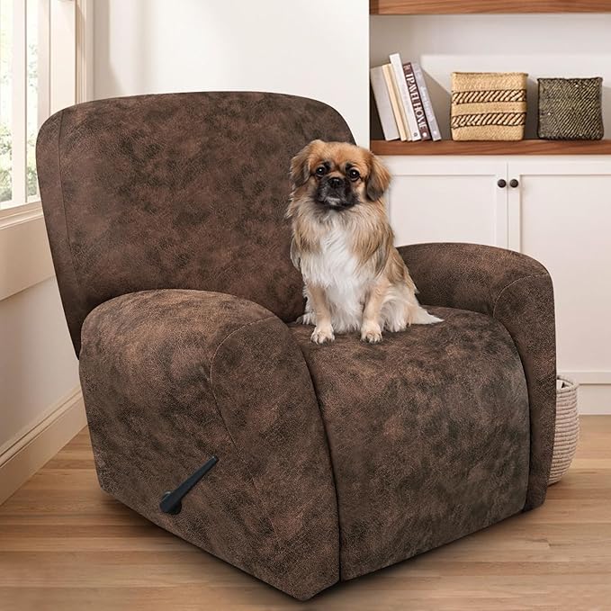 ANARACHON Leather Look Recliner Chair Covers Stay in Place 4-Piece Recliner Slipcovers for Reclining Chair Furniture Protector Spandex Fabric Washable (Large, Dark Brown)