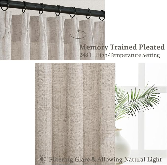 Extra Long 144 Inch Greyish Brown Light Filtering Tall Curtains for Bedroom 2 Panels Set, Memory Shape Pinch Pleat Sheer Natural Linen Textured Drapes Privacy 12FT Length Large Viral Windows Curtain