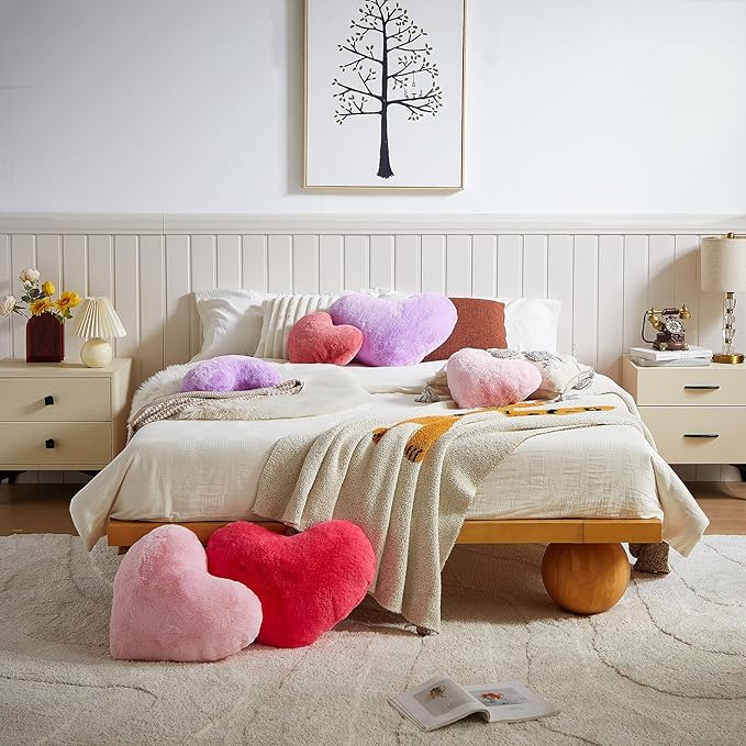 EastTree Heart Pillows, Carmine Heart Shaped Pillows, Love Throw Pillows Gifts, Ultra Soft Faux Rabbit Fur Small Cute Pillows, Women Girls Kid Room Decor 10x13 Inch