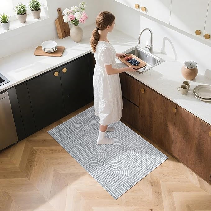 Washable Rug 2x3 Area Rugs for Entryway, Abstract Rug for Bedroom, Soft Rainbow Non Slip Small Area Rug with Rubber Back, Low Pile Stain Resistant Boho Geometric Carpet for Dining Room, Ash