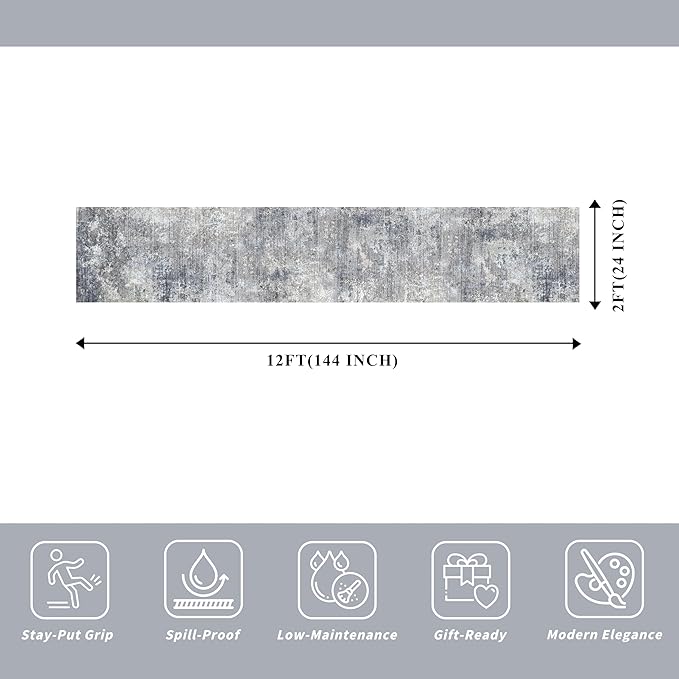 2x12 ft Washable Hallway Runner Rug – Non-Slip Stain-Resistant Low-Pile Long Carpet Runner for Kitchen Entryway Living Room Bedroom Bathroom, Modern Abstract Neutral (Blue Gray,2x12)
