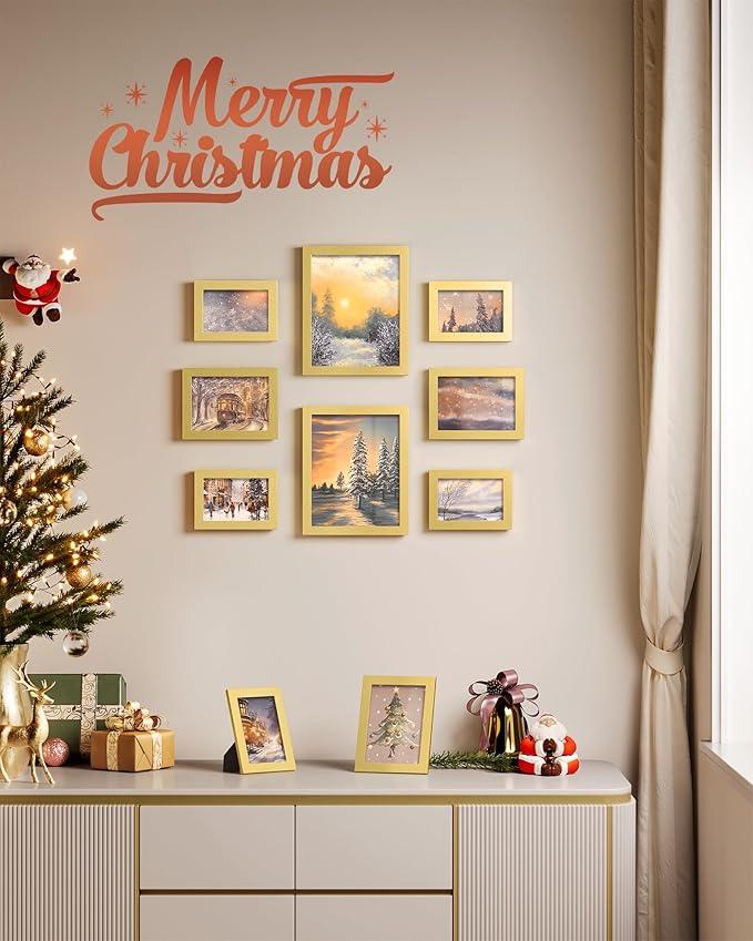 SONGMICS Picture Frames, Collage Picture Frames Set of 10, Two 8x10, Four 5x7, Four 4x6, Photo Frame for Wall Gallery Decor, Table Display, Glass, Pale Gold URPF010A01