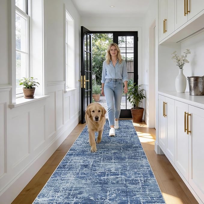2x12 Washable Hallway Runner Rug - Modern Abstract Neutral Long Carpet with Non-Slip Backing Low-Pile Stain-Resistant Thin Runners for Kitchen Bathroom Bedroom Entryway (2x12, Blue)