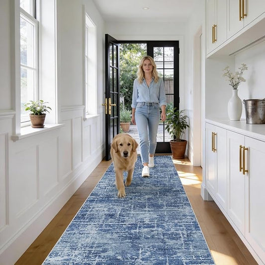 2x12 Washable Hallway Runner Rug - Modern Abstract Neutral Long Carpet with Non-Slip Backing Low-Pile Stain-Resistant Thin Runners for Kitchen Bathroom Bedroom Entryway (2x12, Blue)